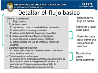 Detallar el flujo básico Estructurar el flujo en pasos Numerar y titular cada paso Describa los pasos complétamente Describa cada paso como una secuencia de eventos Obtener Cootización 1.1       Flujo básico 1. El cliente se conecta El caso de uso comienza cuando el cliente se autentica.  El sistema valida el usuario y contraseñá.  El sistema presenta la lista de opciones disponibles. 2.  El cliente selecciona obtener cootización El cliente selecciona la opción obtener cotización. El sistema muestra una lista de símbolos y nombres de acciones.  3. El cliente selecciona una acción El cliente selecciona de la lista de valores o entra en el símbolo de las acciones . 4. El sistema obtiene cootizaciones El sistema envía el símbolo de transacción al Sistema de Presupuesto, y recibe la respuesta del sistema de cotizaciones. El sistema presenta la pantalla de Presupuesto correspondiente para el cliente .  
