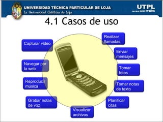 4.1 Casos de uso Realizar llamadas Enviar mensajes Tomar fotos Capturar video Navegar por la web Reproducir música Grabar notas de voz Tomar notas de texto Planificar citas Visualizar archivos 