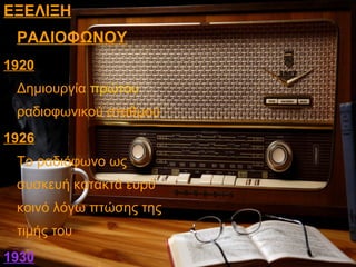 ΕΞΕΛΙΞΗ
ΡΑΔΙΟΦΩΝΟΥ
1920
Δημιουργία πρώτου
ραδιοφωνικού σταθμού
1926
Το ραδιόφωνο ως
συσκευή κατακτά ευρύ
κοινό λόγω πτώσης της
τιμής του
1930
 