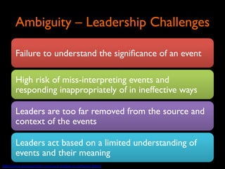 Ambiguity – Leadership Challenges	

Failure to understand the signiﬁcance of an event	

High risk of miss-interpreting events and
responding inappropriately of in ineffective ways	

Leaders are too far removed from the source and
context of the events	

Leaders act based on a limited understanding of
events and their meaning	

hp://www.georgeambler.com/vuca-­‐leading-­‐in-­‐turbulent-­‐8mes/	
  	
  

 