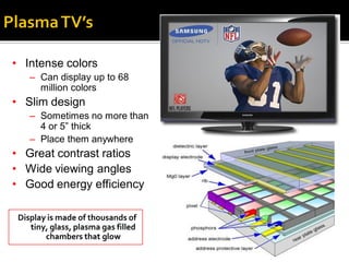 • Intense colors
    – Can display up to 68
      million colors
• Slim design
    – Sometimes no more than
      4 or 5” thick
    – Place them anywhere
• Great contrast ratios
• Wide viewing angles
• Good energy efficiency

 Display is made of thousands of
    tiny, glass, plasma gas filled
        chambers that glow
 