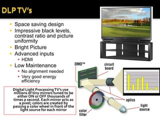  Space saving design
 Impressive black levels,
  contrast ratio and picture
  uniformity
 Bright Picture
 Advanced inputs
    HDMI
 Low Maintenance
    No alignment needed
    Very good energy
     efficiency
 Digital Light Processing TV’s use
 millions of tiny mirrors tuned to be
   either ON or OFF thousands of
 times a second. Each mirror acts as
    a pixel; colors are created by
 passing a color wheel in front of the
     light source for each mirror
 