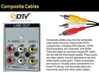 Composite cables plug into the composite
video jacks found on many kinds of A/V
components, including DVD players, VCRs,
DVD recorders, A/V receivers, and DVRs.
They are better to use than coaxial RF cable,
but are still the 2nd lowest quality. These jacks
are often yellow, and are attached to red and
white stereo audio jacks. These connectors
are found on virtually every component in a
home TV set up, and the audio jacks are
commonly used with other video cables.
 