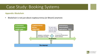 Case Study: Booking Systems
Appendix: Blockchain
• Blockchain is not just about cryptocurrency (or Bitcoin) anymore:
 