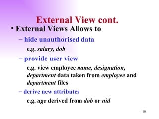 External Views Allows to hide unauthorised data e.g.  salary, dob provide user view   e.g. view employee  name, designation, department  data taken from  employee  and  department  files derive new attributes e.g.  age  derived   from  dob  or  nid External View cont. 