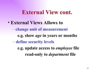 External Views Allows to change unit of measurement e.g. show  age  in years or months define security levels e.g. update access to  employee  file read-only to  department  file External View cont. 