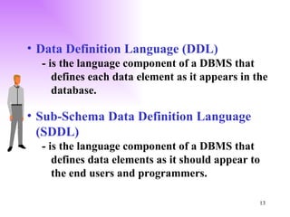 Data Definition Language (DDL) - is the language component of a DBMS that defines each data element as it appears in the database. Sub-Schema Data Definition Language (SDDL) - is the language component of a DBMS that defines data elements as it should appear to the end users and programmers. 