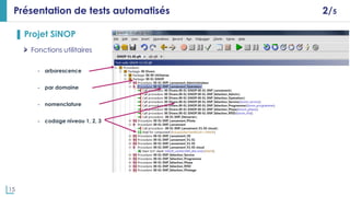 15
Présentation de tests automatisés 2/5
▌ Projet SiNOP
Fonctions utilitaires
- arborescence
- par domaine
- nomenclature
- codage niveau 1, 2, 3
 