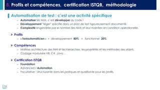 32
8. Profils et compétences, certification ISTQB, méthodologie
▌ Automatisation de test : c’est une activité spécifique
- Automatiser les tests, c’est développer du code !
- Développement “léger” spécifié dans un plan de test rigoureusement documenté.
- Complexité engendrée par le nombre des tests et leur maintien en condition opérationelle.
Profils
- « Testautomaticien » = développement 80% + fonctionnel 20%
Compétences
- Maîtrise architecture des IHM et les hiérarchies, les propriétés et les méthodes des objets.
- Codage modulaire VB, C#, Java…
Certification ISTQB
- Foundation
- Advanced / Automation
- Facultative : structurante dans les pratiques et qualifiante pour les profils.
 
