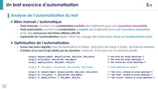 41
Un bref exercice d’automatisation 3/3
▌ Analyse de l’automatisation du test
Bilan manuel / automatique
- Tests manuels couvrent une combinatoire partielle des 3 éléments pour une couverture raisonnable.
- Tests automatisés couvrent la combinatoire complète des 3 éléments pour une couverture exhaustive.
- Avec des ressources machines utilisées 24h/24.
- Supériorité de l’automatisation après l’effort de codage des scripts avec retour sur investissement avéré.
Optimisation de l’automatisation
- Fusion des tests négatifs avec les destinations et dates : réduction de 6 tests à 3 tests de thèmes similaires.
- Création d’un seul script piloté par les données, instancié 15 fois pour les 15 scénarios positifs.
script_A (aéroport_départ, aéroport_arrivée, date_aller, date_retour) /* test avion par script spécifique */
script_H (ville_séjour, date_arrivée, date_départ) /* test hôtel par script spécifique */
script_V (agence_location, date_début, date_fin) /* test voiture par script spécifique */
script_G (E, lieu_départ, lieu_arrivée, date_initiale, date_finale) /* script générique de voyage */
script_G (A, aéroport_départ, aéroport_arrivée, date_aller, date_retour) / * test avion, instance du script générique */
script_G (H, ville_séjour, 0, date_arrivée, date_départ) / * test hôtel, instance du script générique */
script_G (V, agence_location, 0, date_début, date_fin) / * test voiture, instance du script générique */
 