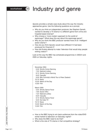 worksheet   20
                                                Industry and genre

                                                Spooks provides a simple case study about the way the industry
                                                approaches genre. Use the following questions as a prompt.
                                                G   Why do you think an independent producer, like Stephen Garrett,
                                                    wanted to develop a TV drama in a different genre from crime and
                                                    hospital-based dramas?
                                                G   Why choose a ‘more modern approach to the world of
                                                    espionage’? What does this say about the espionage genre?
                                                G   Why do you think the BBC producer wanted more of an ‘intelligent
                                                    action drama’?
                                                G   How do you think Spooks would have differed if it had been
                                                    produced for Channel 4?
                                                G   How did Kudos attempt to make ‘television that would stop people
                                                    renting videos’?
                                                Look at the way the BBC has scheduled programmes in 2003/4 and
                                                2005 on Saturday nights.




                                                    November 2004
                                                     6.30 Strictly Come Dancing
                                                     7.35 National Lottery
                                                     8.15 Strictly Come Dancing
                                                     8.40 Casualty
                                                     9.30 Billy Connolly’s World Tour of New Zealand
                                                    10.10 News
                                                    10.30 Match of the Day
                                                    12.00 Film

                                                    March 2005
                                                     5.55 Strictly Dance Fever
                                                     7.00 Doctor Who
                                                     7.45 National Lottery
                                                     8.20 Casualty
                                                     9.10 Strictly Dance Fever
                                                     9.40 Out-take TV
                                                    10.10 News
                                                    10.30 Match of the Day
                                                    12.00 Film
©British Film Institute 2007




                                                G   How is the BBC trying to win back audiences from the video/DVD
                                                    rental market to television on Saturday nights?
                                                G   Why does the BBC need to do that?
                                                G   What is the role of TV drama in that competitive strategy?



Page 1 of 1                                                                                                 TV Drama
 