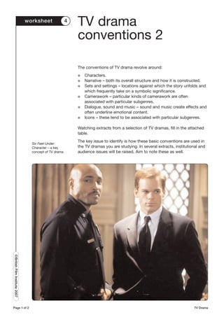 worksheet               4
                                                           TV drama
                                                           conventions 2

                                                           The conventions of TV drama revolve around:
                                                           G   Characters.
                                                           G   Narrative – both its overall structure and how it is constructed.
                                                           G   Sets and settings – locations against which the story unfolds and
                                                               which frequently take on a symbolic significance.
                                                           G   Camerawork – particular kinds of camerawork are often
                                                               associated with particular subgenres.
                                                           G   Dialogue, sound and music – sound and music create effects and
                                                               often underline emotional content.
                                                           G   Icons – these tend to be associated with particular subgenres.

                                                           Watching extracts from a selection of TV dramas, fill in the attached
                                                           table.
                                                           The key issue to identify is how these basic conventions are used in
                                 Six Feet Under:
                                 Character – a key         the TV dramas you are studying. In several extracts, institutional and
                                 concept of TV drama       audience issues will be raised. Aim to note these as well.
©British Film Institute 2007




Page 1 of 2                                                                                                               TV Drama
 