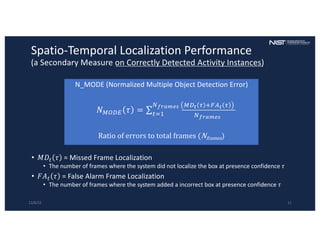 Spatio-Temporal Localization Performance
(a Secondary Measure on Correctly Detected Activity Instances)
N_MODE (Normalized Multiple Object Detection Error)
𝑁5678 𝜏 = ∑9:;
<!"#$%& 57' = >?@' =
<!"#$%&
Ratio of errors to total frames (Nframes)
• 𝑀𝐷/ 𝜏 = Missed Frame Localization
• The number of frames where the system did not localize the box at presence confidence 𝜏
• 𝐹𝐴/ 𝜏 = False Alarm Frame Localization
• The number of frames where the system added a incorrect box at presence confidence 𝜏
12/6/22 11
 
