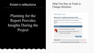 Planning for the
Report Provides
Insights During the
Project
Kristin’s reflections Help You Stay on Track or
Change Direction.
 