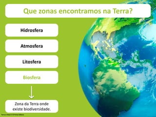 Que zonas encontramos na Terra?
Biosfera
Zona da Terra onde
existe biodiversidade.
Que zonas encontramos na Terra?
Hidrosfera
Atmosfera
Litosfera
Terra à Vista! 5 © Porto Editora
 