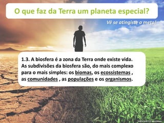 O que faz da Terra um planeta especial?
Vê se atingiste a meta!
1.3. A biosfera é a zona da Terra onde existe vida.
As subdivisões da biosfera são, do mais complexo
para o mais simples: os biomas, os ecossistemas ,
as comunidades , as populações e os organismos.
Terra à Vista! 5 © Porto Editora
 