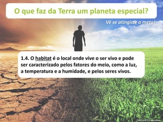 O que faz da Terra um planeta especial?
Vê se atingiste a meta!
1.4. O habitat é o local onde vive o ser vivo e pode
ser caracterizado pelos fatores do meio, como a luz,
a temperatura e a humidade, e pelos seres vivos.
Terra à Vista! 5 © Porto Editora
 