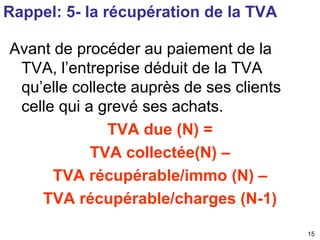 15 
Rappel: 5- la récupération de la TVA 
Avant de procéder au paiement de la 
TVA, l’entreprise déduit de la TVA 
qu’elle collecte auprès de ses clients 
celle qui a grevé ses achats. 
TVA due (N) = 
TVA collectée(N) – 
TVA récupérable/immo (N) – 
TVA récupérable/charges (N-1) 
 