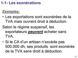 21 
1-1- Les exonérations 
Exemples: 
• Les exportations sont exonérées de la 
TVA mais ouvrent droit à déduction. 
Selon le régime suspensif, les 
exportateurs peuvent acheter sans 
TVA. 
• Si le CA d’un artisan n’excède pas 
500.000 dh, ses produits sont exonérés 
de la TVA sans droit à déduction. 
 