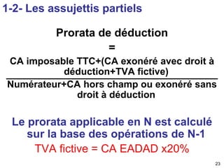 23 
1-2- Les assujettis partiels 
Prorata de déduction 
= 
CA imposable TTC+(CA exonéré avec droit à 
déduction+TVA fictive) 
Numérateur+CA hors champ ou exonéré sans 
droit à déduction 
Le prorata applicable en N est calculé 
sur la base des opérations de N-1 
TVA fictive = CA EADAD x20% 
 