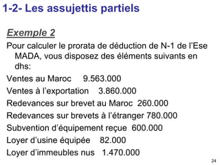 24 
1-2- Les assujettis partiels 
Exemple 2 
Pour calculer le prorata de déduction de N-1 de l’Ese 
MADA, vous disposez des éléments suivants en 
dhs: 
Ventes au Maroc 9.563.000 
Ventes à l’exportation 3.860.000 
Redevances sur brevet au Maroc 260.000 
Redevances sur brevets à l’étranger 780.000 
Subvention d’équipement reçue 600.000 
Loyer d’usine équipée 82.000 
Loyer d’immeubles nus 1.470.000 
 
