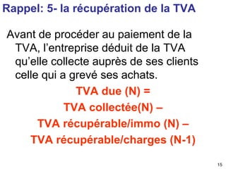 15 
Rappel: 5- la récupération de la TVA 
Avant de procéder au paiement de la 
TVA, l’entreprise déduit de la TVA 
qu’elle...