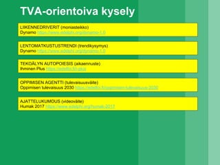 TVA-orientoiva kysely
LIIKENNEDRIVERIT (moniasteikko)
Dynamo https://www.edelphi.org/dynamo-1.0
LENTOMATKUSTUSTRENDI (trendikysymys)
Dynamo https://www.edelphi.org/dynamo-1.0
OPPIMISEN AGENTTI (tulevaisuusväite)
Oppimisen tulevaisuus 2030 https://edelfoi.fi/oppimisen-tulevaisuus-2030
TEKOÄLYN AUTOPOIESIS (aikaennuste)
Ihminen Plus https://edelfoi.fi/i-plus
AJATTELUKUMOUS (videoväite)
Humak 2017 https://www.edelphi.org/humak-2017
 