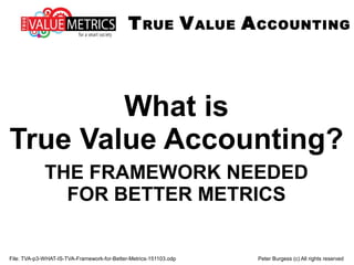 File: TVA-p3-WHAT-IS-TVA-Framework-for-Better-Metrics-151103.odp Peter Burgess (c) All rights reserved
What is
True Value Accounting?
THE FRAMEWORK NEEDED
FOR BETTER METRICS
TRUE VALUE ACCOUNTING
 