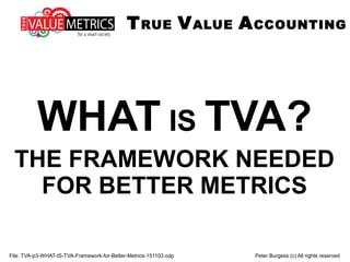 File: TVA-p3-WHAT-IS-TVA-Framework-for-Better-Metrics-151103.odp Peter Burgess (c) All rights reserved
What is
True Value Accounting?
THE FRAMEWORK NEEDED
FOR BETTER METRICS
TRUE VALUE ACCOUNTING
 