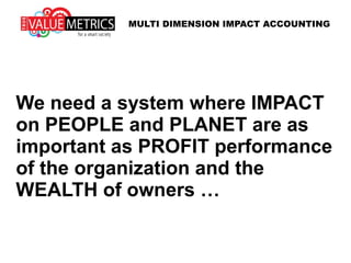 We need a system where IMPACT
on PEOPLE and PLANET are as
important as PROFIT performance
of the organization and the
WEALTH of owners …
MULTI DIMENSION IMPACT ACCOUNTING
 
