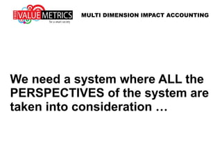 We need a system where the
PERSPECTIVES of ALL the actors
in the system are taken into
consideration …
MULTI DIMENSION IMPACT ACCOUNTING
 