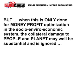 BUT … when this is ONLY done
for MONEY PROFIT optimization,
the potentially huge collateral
damage to PEOPLE and PLANET
is ignored …
MULTI DIMENSION IMPACT ACCOUNTING
 