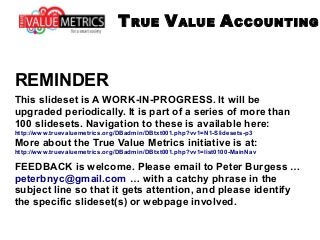 REMINDER
This slideset is A WORK-IN-PROGRESS. It will be
upgraded periodically. It is part of a series of more than
100 slidesets. Navigation to these is available here:
http://www.truevaluemetrics.org/DBadmin/DBtxt001.php?vv1=N1-Slidesets-p3
More about the True Value Metrics initiative is at:
http://www.truevaluemetrics.org/DBadmin/DBtxt001.php?vv1=list0100-MainNav
FEEDBACK is welcome. Please email to Peter Burgess …
peterbnyc@gmail.com … with a catchy phrase in the
subject line so that it gets attention, and please identify
the specific slideset(s) or webpage involved.
TRUE VALUE ACCOUNTING
 
