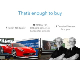 That’s enough to buy
1 Ferrari 458 Spider
15 40ft by 10ft
Billboard banners in
London for a month
2 Creative Directors
for a year
 