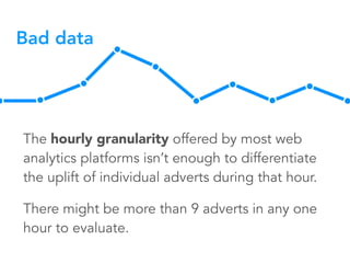 The hourly granularity offered by most web
analytics platforms isn’t enough to differentiate
the uplift of individual adverts during that hour.
There might be more than 9 adverts in any one
hour to evaluate.
Bad data
 