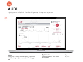 Sintesi e chiarezza dei dati di Google Analytics e Facebook
AUDI
Highlights and clarity in the digital reporting for top management
Solution:
Graphic display of the main users’ traffic data on AudiExperience
website from Google Analytics and crossed with Facebook page
data
Type/Distribution:
Digital Weekly & Monthly Report for Audi
top management
Year:
2013 – ‘14
 