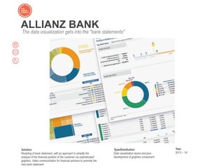 ALLIANZ BANK
The data visualization gets into the "bank statements"
Solution:
Restyling of bank statement, with an approach to simplify the
analysis of the financial position of the customer via sophisticated
graphics. Video communication for financial advisors to promote the
new bank statement
Type/Distribution:
Data visualization layout and java
development of graphics component
Year:
2013 – ‘14
 