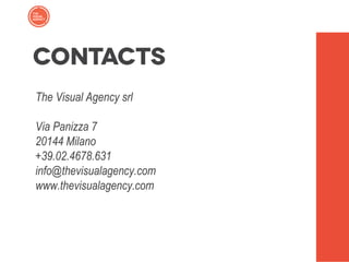 The Visual Agency srl
Via Panizza 7
20144 Milano
+39.02.4678.631
info@thevisualagency.com
www.thevisualagency.com
 