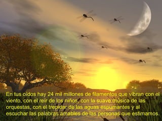 En tus oídos hay 24 mil millones de filamentos que vibran con el
viento, con el reír de los niños, con la suave música de las
orquestas, con el trepidar de las aguas espumantes y al
escuchar las palabras amables de las personas que estimamos.
 