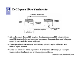 De 2D para 1D: o Varrimento




A transformação do sinal 2D no plano da câmara num sinal 1D a transmitir no
canal é feita através do varrimento da imagem em linhas, de cima para baixo e da
esquerda para a direita (como a leitura).
Esta sequência de varrimento é determinada a priori e logo é conhecida pelo
emissor e pelo receptor.
Como não existia, no início, capacidade de memorizar informação, a aquisição,
transmissão e visualização são praticamente simultâneas.
                                                        Comunicação de Áudio e Vídeo, Fernando Pereira
 
