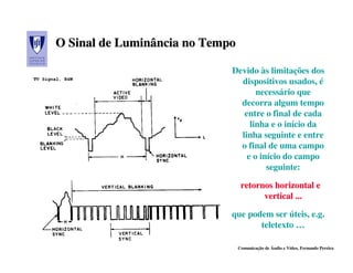 O Sinal de Luminância no Tempo

                             Devido às limitações dos
                               dispositivos usados, é
                                    necessário que
                               decorra algum tempo
                                entre o final de cada
                                  linha e o início da
                               linha seguinte e entre
                               o final de uma campo
                                 e o início do campo
                                       seguinte:

                                  retornos horizontal e
                                        vertical ...

                             que podem ser úteis, e.g.
                                    teletexto …

                                 Comunicação de Áudio e Vídeo, Fernando Pereira
 