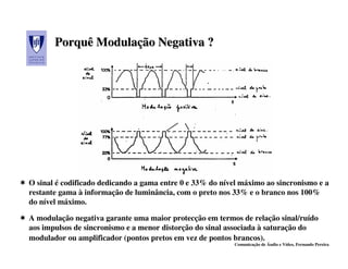 Porquê Modulação Negativa ?
              Modulação




O sinal é codificado dedicando a gama entre 0 e 33% do nível máximo ao sincronismo e a
restante gama à informação de luminância, com o preto nos 33% e o branco nos 100%
do nível máximo.

A modulação negativa garante uma maior protecção em termos de relação sinal/ruído
aos impulsos de sincronismo e a menor distorção do sinal associada à saturação do
modulador ou amplificador (pontos pretos em vez de pontos brancos).
                                                          Comunicação de Áudio e Vídeo, Fernando Pereira
 