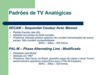 Padrões de TV Analógicas SECAM – Sequential Couleur Avec Memoir Padrão francês (déc.60) Adotado em países do leste europeu Problema:  Decisão política optando não receber transmissões de outros países. Não mantém compatibilidade. 60Hz – 30fps – 525 linhas PAL-M – Phase Alternating Line - Modificado Adaptado pelo Brasil Adotado em 1967 Problema:  Não havia, no Brasil, aparelho capaz de captar o sinal. Foram desenvolvidos aparelhos específicos para o PAL-M brasileiro. 60Hz – 30fps – 525 linhas 