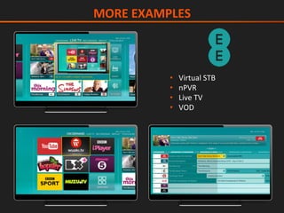 •  Virtual	STB	
•  nPVR		
•  Live	TV	
•  VOD	
MORE	EXAMPLES	
 