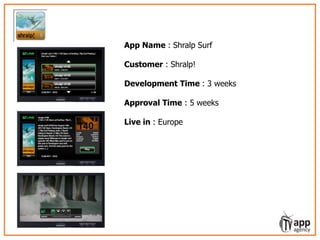 LIVO – learning video service for episodic
show formats
App Name : Shralp Surf
Customer : Shralp!
Development Time : 3 weeks
Approval Time : 5 weeks
Live in : Europe
 