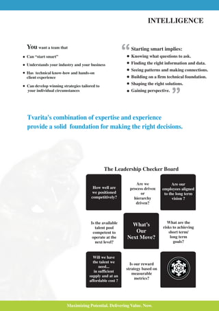 INTELLIGENCE


You want a team that                                      Starting smart implies:
Can “start smart”                                         Knowing what questions to ask.
Understands your industry and your business               Finding the right information and data.
                                                          Seeing patterns and making connections.
Has technical know-how and hands-on
client experience                                         Building on a firm technical foundation.

Can develop winning strategies tailored to
                                                          Shaping the right solutions.
your individual circumstances                             Gaining perspective.




Tvarita's combination of expertise and experience
provide a solid foundation for making the right decisions.




                                             The Leadership Checker Board

                                                             Are we               Are our
                                      How well are        process driven    employees aligned
                                     we positioned              or           to the long term
                                     competitively?         hierarchy             vision ?
                                                             driven?



                                     Is the available                          What are the
                                        talent pool
                                                          What’s            risks to achieving
                                      competent to         Our                 short term/
                                      operate at the    Next Move?              long term
                                        next level?                               goals?


                                      Will we have
                                      the talent we       Is our reward
                                          need...
                                                        strategy based on
                                       in sufficient
                                                           measurable
                                    supply and at an
                                                             metrics?
                                    affordable cost ?




                       Maximizing Potential. Delivering Value. Now.
 