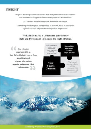 INSIGHT
        Insight is the ability to draw conclusions from the right information and use those
             conclusions to develop practical solutions to people and business issues.

                   At Tvarita we differentiate between information and insight.

          Tvarita brings solid analytical underpinnings to it’s work, based on a collective
                  experience of over 70 years of handling critical people issues.


                We LISTEN to you + Understand your issues =
              Help You Develop and Implement the Right Strategy.

                                                   What will it take to
                                                     create a work           Some of the
            Our extensive                            environment              Questions
                                                   where employees             Tvarita
         experience tells us                            routinely
                                                   go the extra mile?       Helps Answer
  that the best insights emerge from
          a combination of
        relevant information,
     superior analysis and client
                                                     Your
                                                    Biggest
            collaboration.
                                                   Concerns




                     Maximizing Potential. Delivering Value. Now.
 