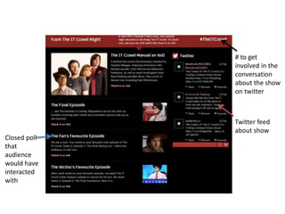 # to get
involved in the
conversation
about the show
on twitter
Twitter feed
about show
Closed poll
that
audience
would have
interacted
with