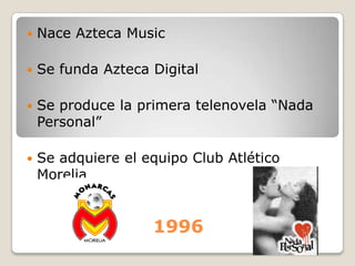 1997Se lleva acabo una oferta publica inicial en la Bolsa de Valores Se funda el Centro de Formacion ActoralSe crea Fundacion AztecaTermina el año con 290 clientes
