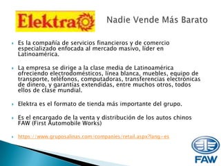 https://www.gruposalinas.com/profile/history.aspx?lang=es1999- Grupo Elektra gana el 94.3% de participación en el capital de Grupo Salinas y Rocha.2003- Inicia reestructuración y TheOne se fusiona con Elektra del Milenio.2008- Grupo Elektra introduce línea de autos FAW.2009- Ganancias netas de 358 millones de pesos, sólo en el tercer trimestre.https://www.gruposalinas.com/profile/history.aspx?lang=es